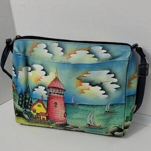 Anuschka Painted Lighthouse Scene Crossbody Bag in Teal, Blue and Pink